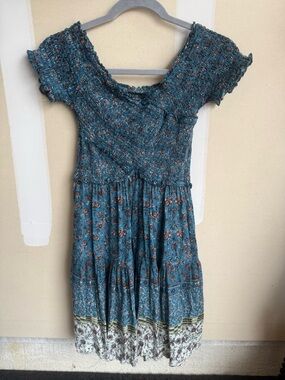 Angie Teal Blue Floral Smocked Bodice Dress